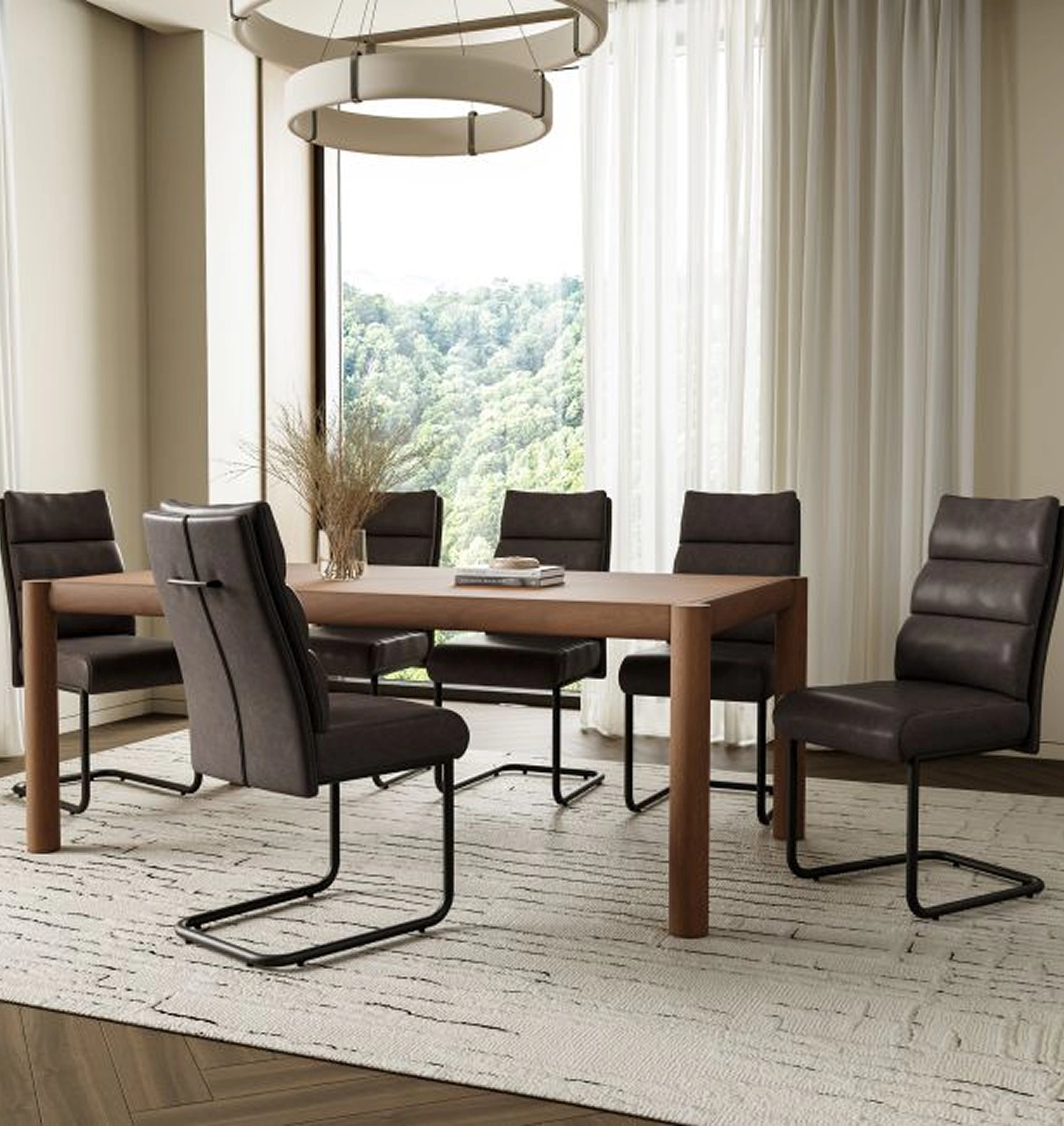 Advik and Brodi 7pc Dining Set - Walnut Table and Charcoal Faux Leather Chairs