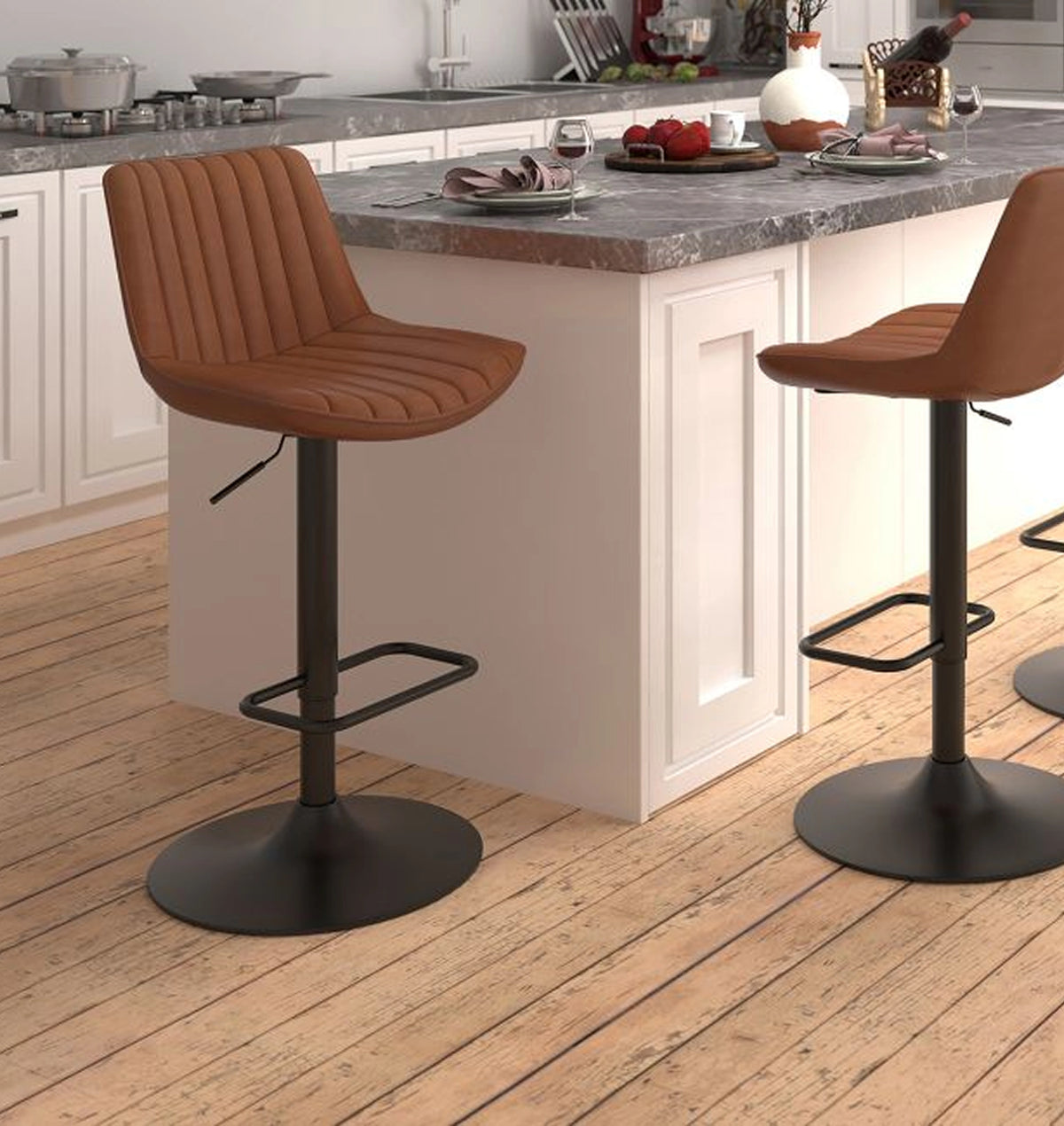 Kosi Adjustable Air-Lift Stool, Set of 2 in Saddle and Black